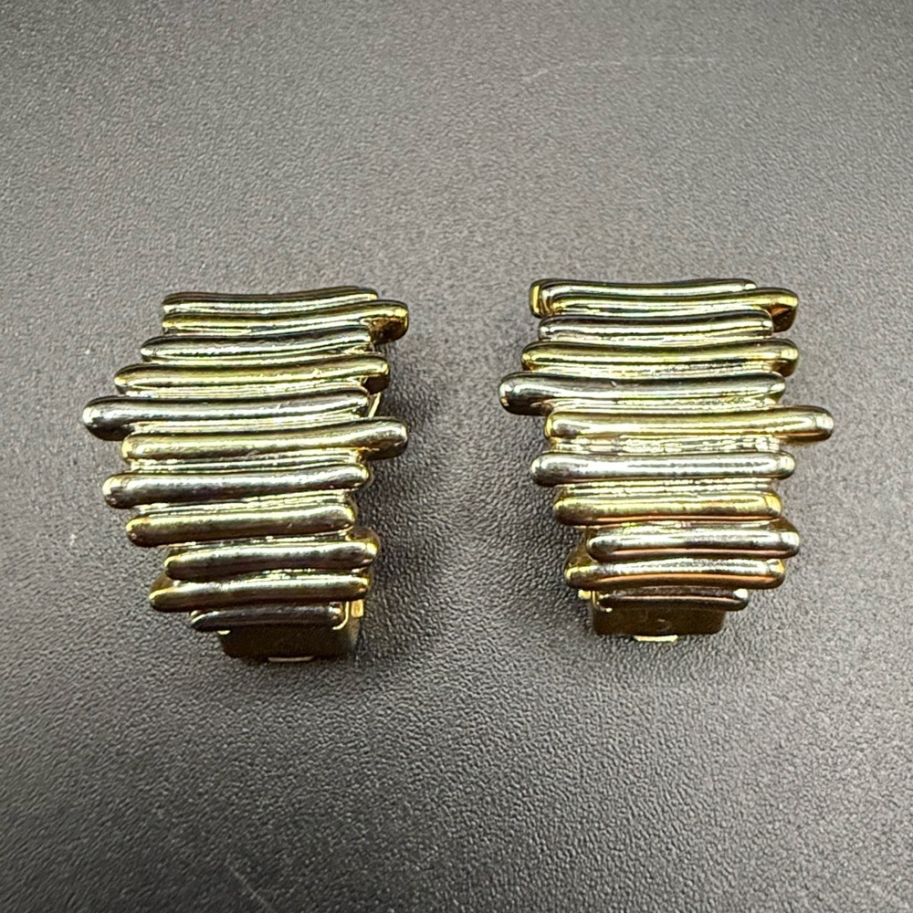 Gold and Silver Tone Ribbed Clip-On Huggie Hoop Statement Earrings